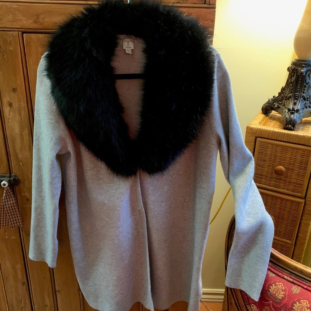 Tristan, Cardigan, Jacket, with faux fur collar, Snap buttons, Size L/M. Grey.